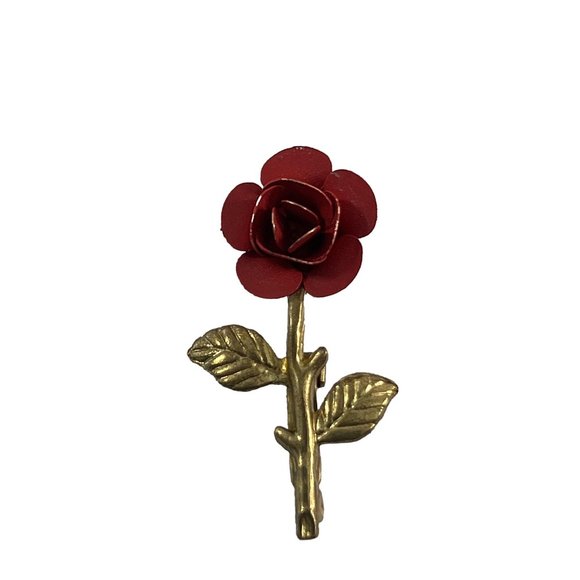 Vintage Brooch Single American Beauty Red Rose Gold Tone Pin 1.5" Long Flower - Picture 1 of 6